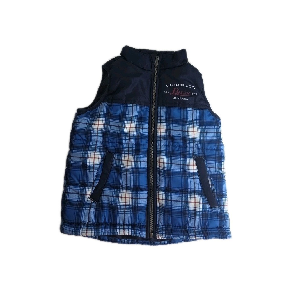 G.H. Bass & Co. Boys Blue Plaid Puffer Vest 3T Zip Polyester Pockets